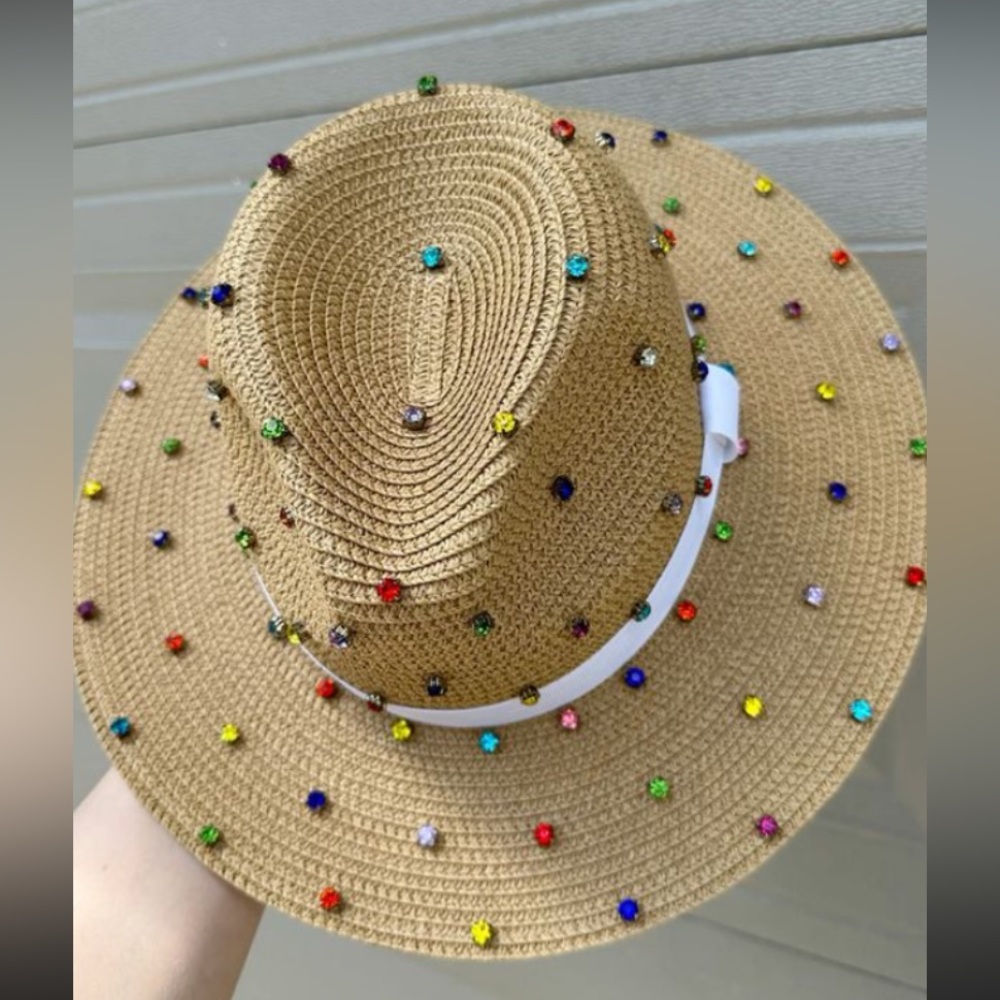 Beige straw fedora hat featuring colorful rhinestones
